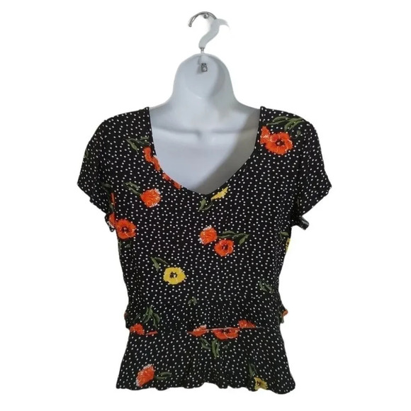 Poison Ivy Scoop V-Neck Floral/Polka Dot Shirt, S - Picture 5 of 6